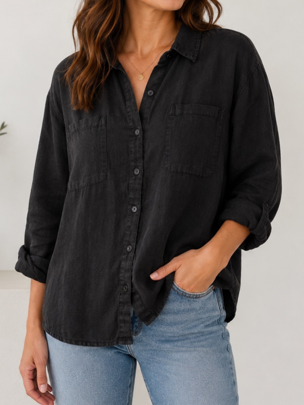 Vintage Chico's 100% Linen Button Down Long Sleeve Shirt Minimalist Black XL